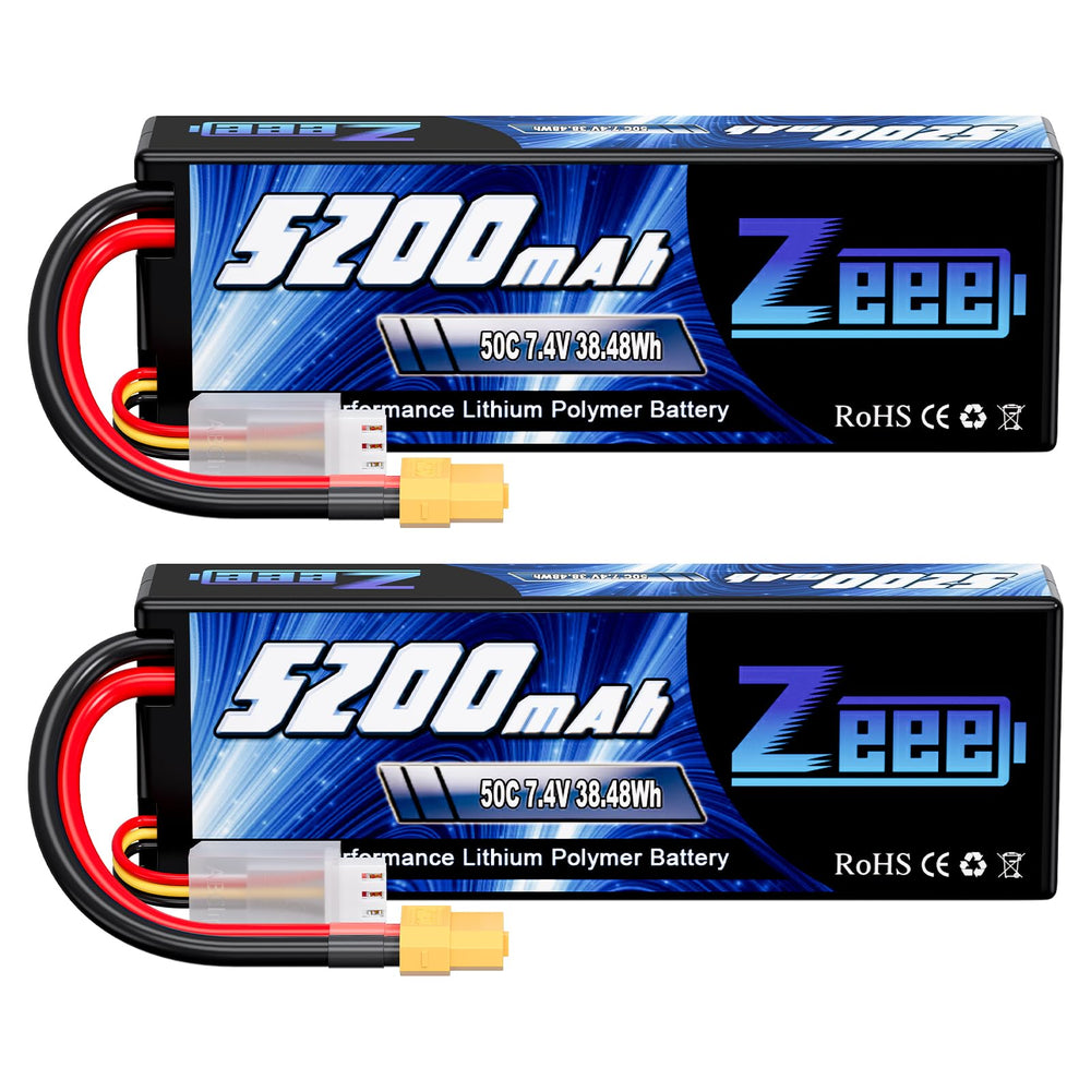 Zeee 2S Lipo Battery 7.4V 5200mAh 50C Battery with XT60 Plug Hard Case for 1/8 1/10 RC Vehicles Car Slash RC Buggy Truggy RC Airplane(2 Pack)