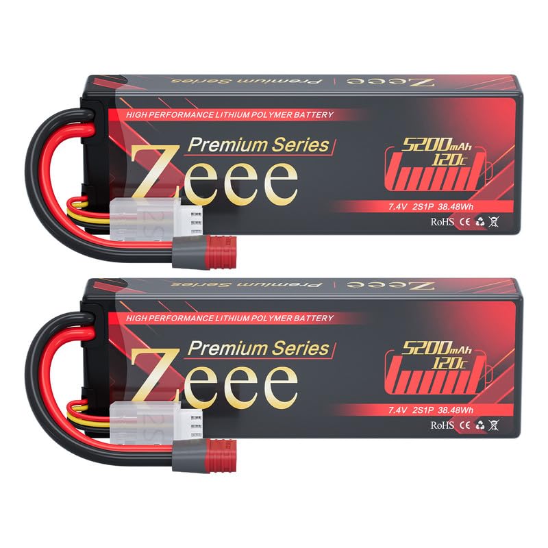 Zeee Premium Series 2S Lipo Battery 5200mAh 7.4V 120C Hard Case Batteries with Deans Plug for 1/8 1/10 RC Vehicles Car Trucks Airplane Boats(2 Pack)