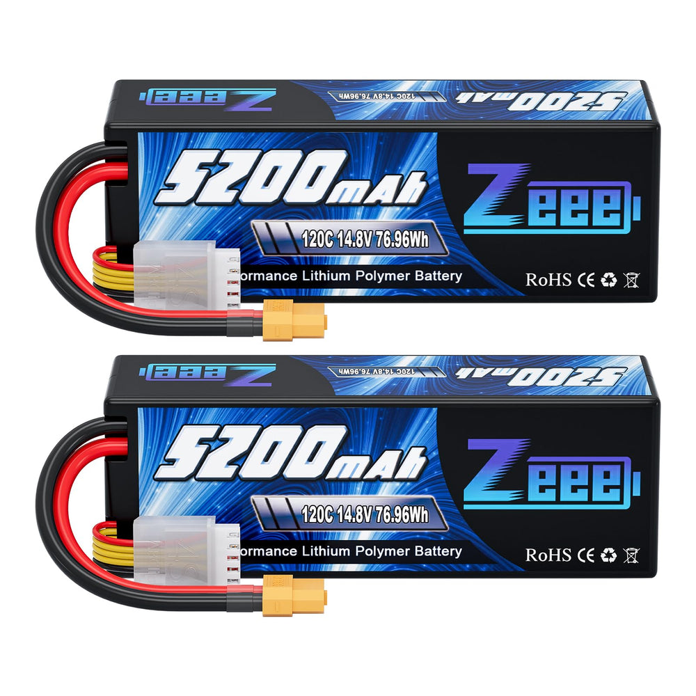 Zeee 4S Lipo Battery 5200mAh 14.8V 120C Hard Case RC Battery with XT60 Plug for RC Car Truck Vehicles RC Buggy Truggy 1/10 Scale Racing Crawler Monster RC Hobby Models(2 Pack)