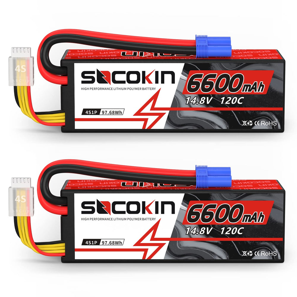 Socokin 4S Lipo Battery 6600mAh 14.8V 120C 4 Cell Lipo Battery with EC5 Connector Hard Case for RC Car Truck Tank RC Buggy Truggy RC Model Racing Hobby(2 Pack)