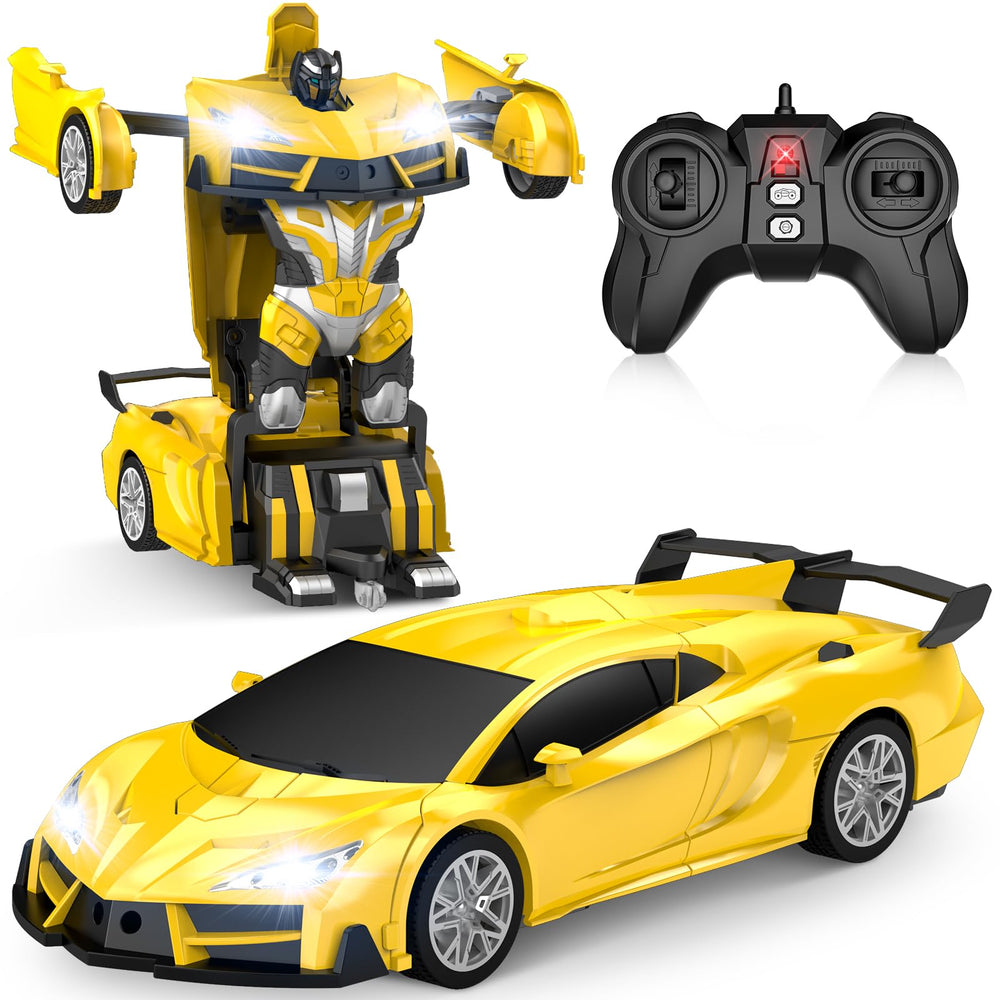 Qumcou Remote Control Car，Transform Robot RC Cars with Cool LED Headlights 2.4Ghz Toys Car with 360 Degree Rotation and One-Button Deformation Christmas Birthday Gifts for Boys Girls(Yellow)